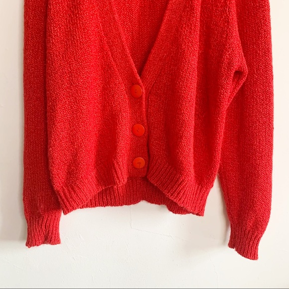 VTG 80s Cherry Red Cable Knit Sleeve Cardigan L - Picture 8 of 10